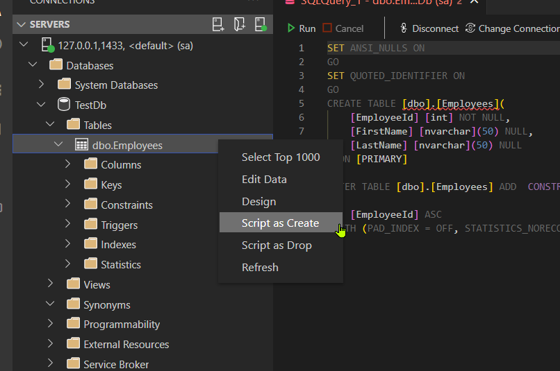 Create and Drop table scripting options in the right-click context menu option in ADS