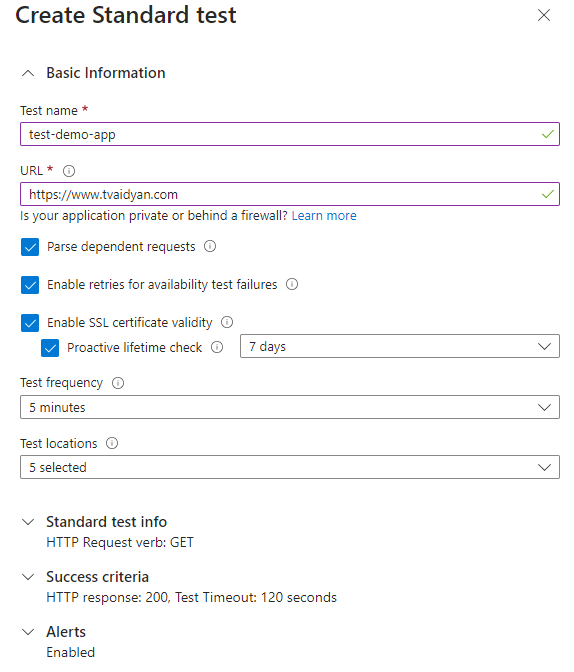 Create Standard Test form in Azure portal.